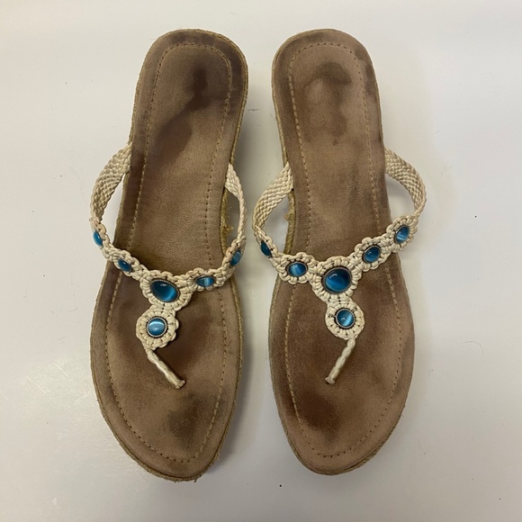 Rattan Open Back Stappy Turquoise Beaded Sandals - Picture 2 of 6